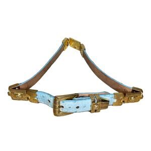 Blue Ostrich Leather Gold Metal Belt Made In Mexico Size 22 Medium